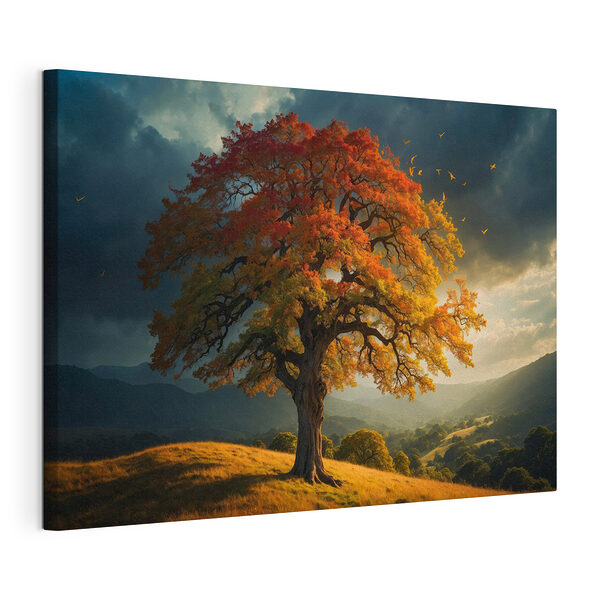 Boom met oranje en gele bladeren op een heuvel Canvas Schilderijen Boom met oranje en gele bladeren op een heuvel