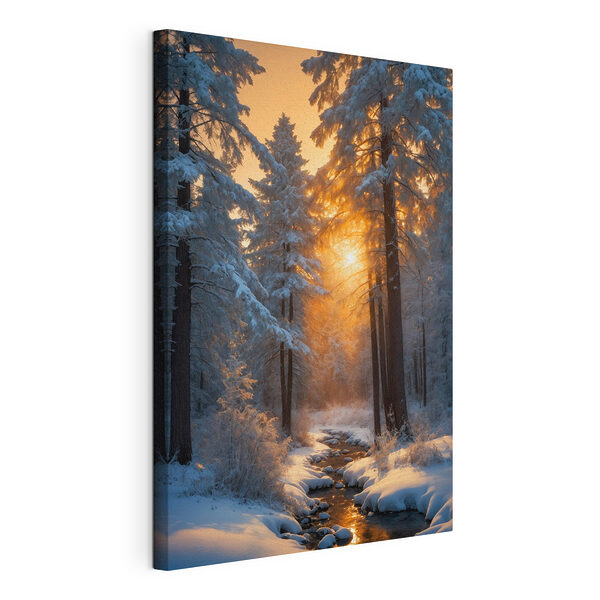 Besneeuwd bos met bomen en een beekje Canvas Schilderijen Besneeuwd bos met bomen en een beekje