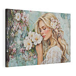 Canvas Schilderijen Schilderij van een vrouw die bloemen ruikt