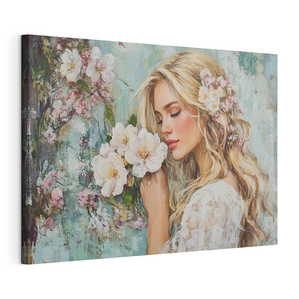 Schilderij van een vrouw die bloemen ruikt Canvas Schilderijen Schilderij van een vrouw die bloemen ruikt