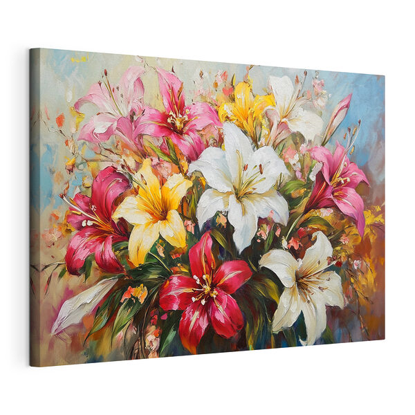 Canvas Schilderijen Schilderij van bloemen op een blauwe achtergrond