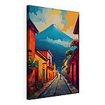 Canvas Schilderijen Schilderij van een straat met gebouwen en een berg op de achtergrond