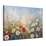 Canvas Schilderijen Bloemenveld met blauwe lucht en wolken