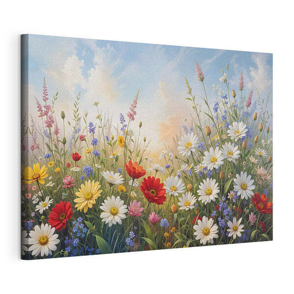 Bloemenveld met blauwe lucht en wolken Canvas Schilderijen Bloemenveld met blauwe lucht en wolken
