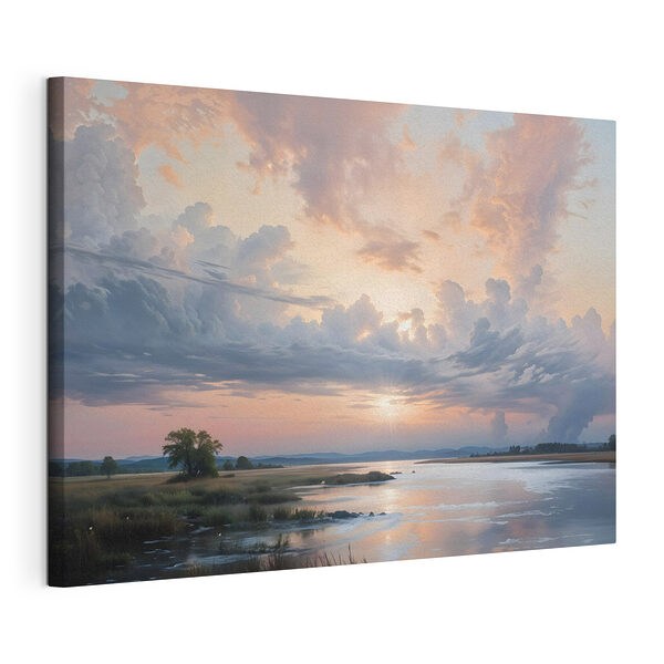 Waterlichaam met een boom en wolken in de lucht Canvas Schilderijen Waterlichaam met een boom en wolken in de lucht