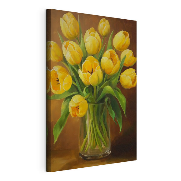 Schilderij van gele tulpen in een glazen vaas Canvas Schilderijen Schilderij van gele tulpen in een glazen vaas