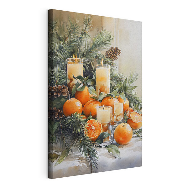 Schilderij van sinaasappels en kaarsen Canvas Schilderijen Schilderij van sinaasappels en kaarsen