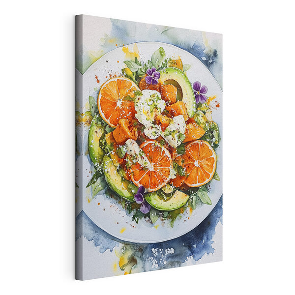 Canvas Schilderijen Bord eten met sinaasappels en avocado