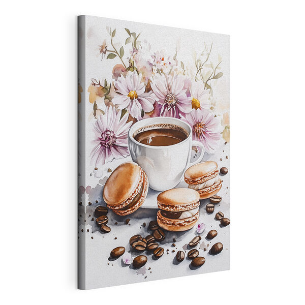 Canvas Schilderijen Aquarel van een kop koffie met koekjes