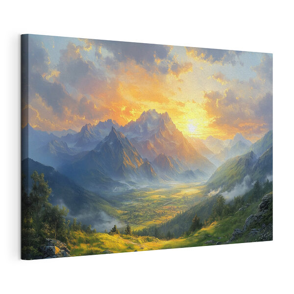 Landschap van bergen en een vallei met wolken en zon Canvas Schilderijen Landschap van bergen en een vallei met wolken en zon