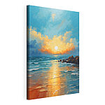 Canvas Schilderijen Schilderij van een strand met rotsen en water en de zon