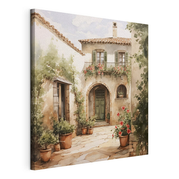 Schilderij van een huis met potplanten Canvas Schilderijen Schilderij van een huis met potplanten