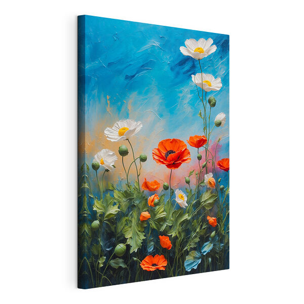 Canvas Schilderijen Schilderij van bloemen op een blauwe achtergrond