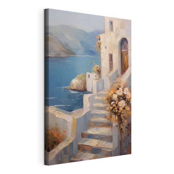 Canvas Schilderijen Schilderij van een huis met bloemen op de trap