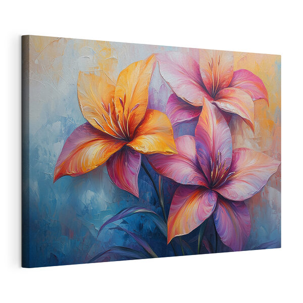 Canvas Schilderijen Schilderij van bloemen op een blauwe achtergrond