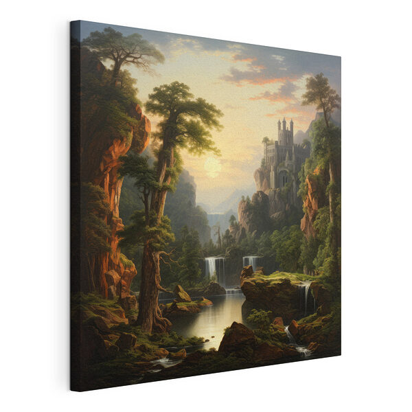 Waterval en een kasteel in de bergen Canvas Schilderijen Waterval en een kasteel in de bergen