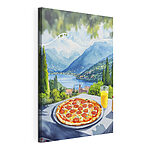 Canvas Schilderijen Pizza en sap op een tafel met bergen en bomen