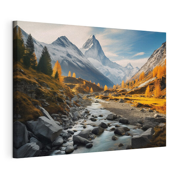 Rivier stroomt door een vallei met bergen op de achtergrond Canvas Schilderijen Rivier stroomt door een vallei met bergen op de achtergrond