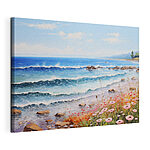 Canvas Schilderijen Schilderij van een strand met bloemen en golven
