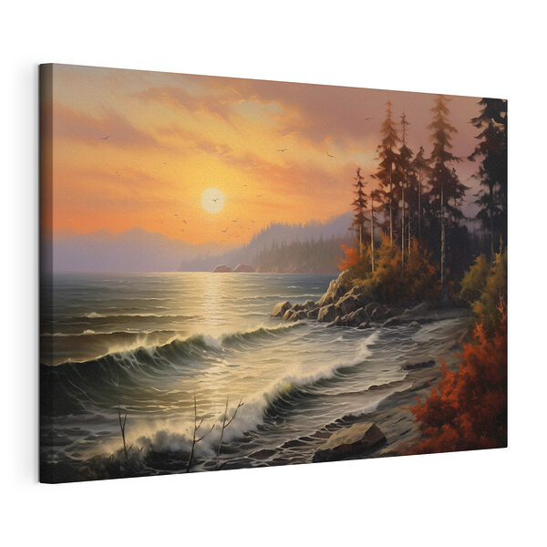 Canvas Schilderijen Zonsondergang boven een rotsstrand