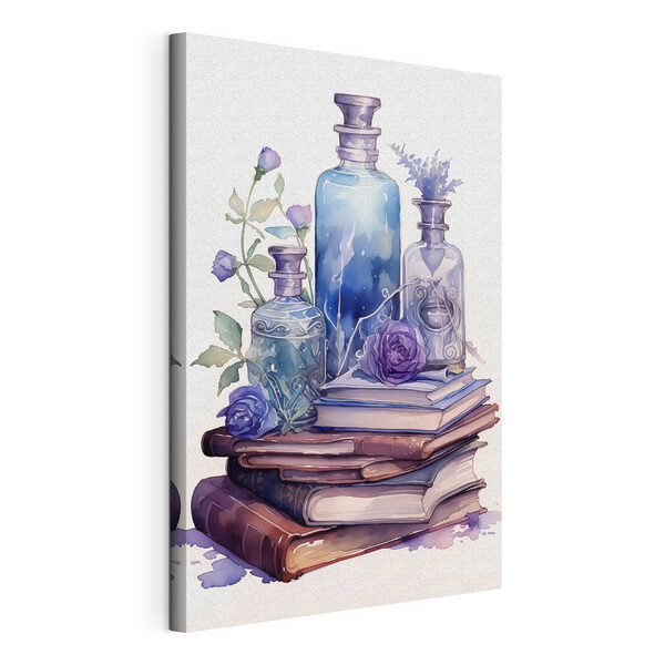 Canvas Schilderijen Aquarel van een stapel boeken en flessen