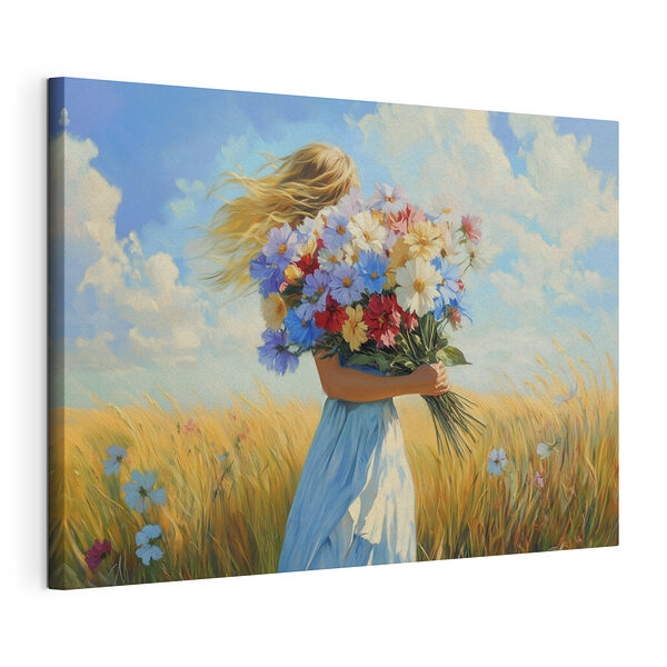 Vrouw met boeket bloemen Canvas Schilderijen Vrouw met boeket bloemen