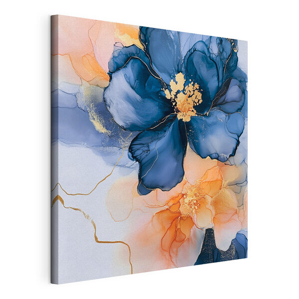 Schilderij van blauwe en oranje bloemen Canvas Schilderijen Schilderij van blauwe en oranje bloemen