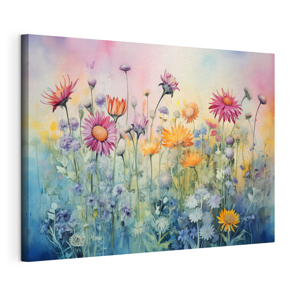 Canvas Schilderijen Schilderij van bloemen in een veld
