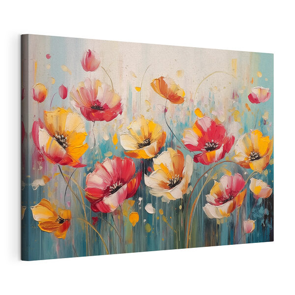 Schilderij van bloemen op een blauwe achtergrond Canvas Schilderijen Schilderij van bloemen op een blauwe achtergrond