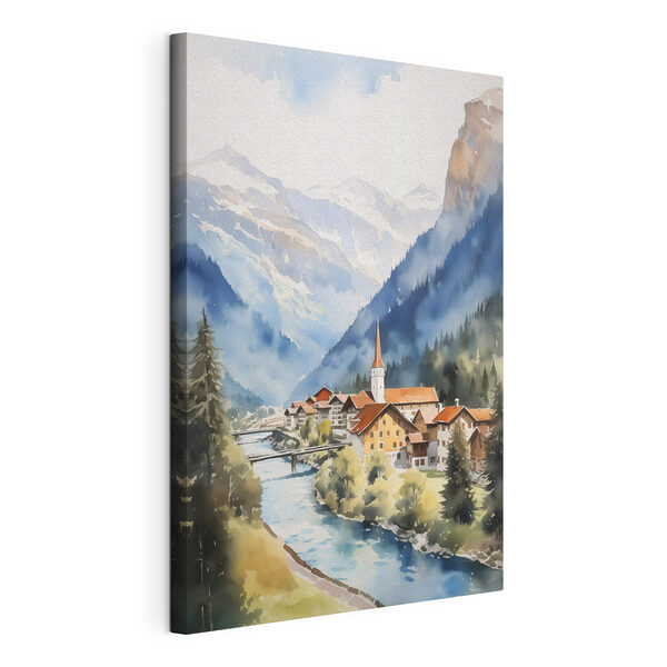 Aquarel van een dorp in de bergen Canvas Schilderijen Aquarel van een dorp in de bergen
