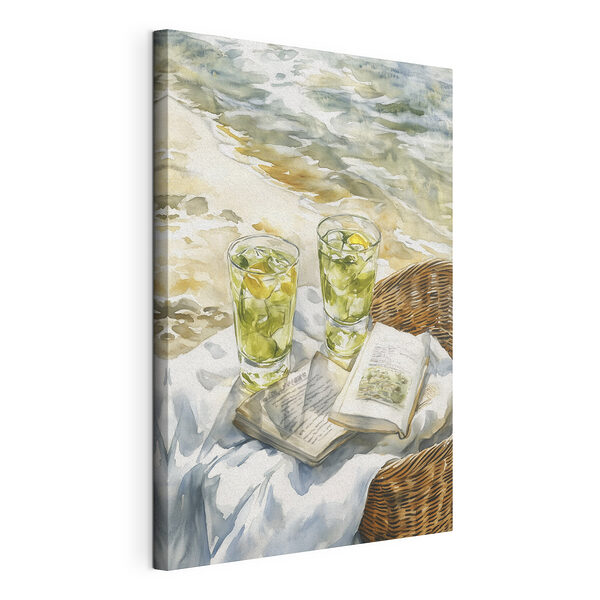 Aquarel van twee glazen ijsthee en een boek op een deken op een strand Canvas Schilderijen Aquarel van twee glazen ijsthee en een boek op een deken op een strand
