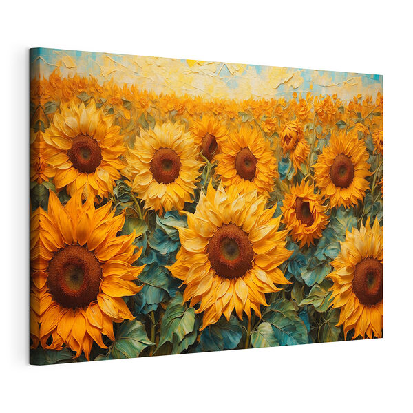 Canvas Schilderijen Schilderij van zonnebloemen in een veld
