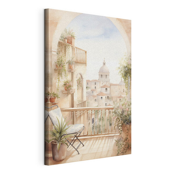Aquarel van een balkon met uitzicht op een stad Canvas Schilderijen Aquarel van een balkon met uitzicht op een stad
