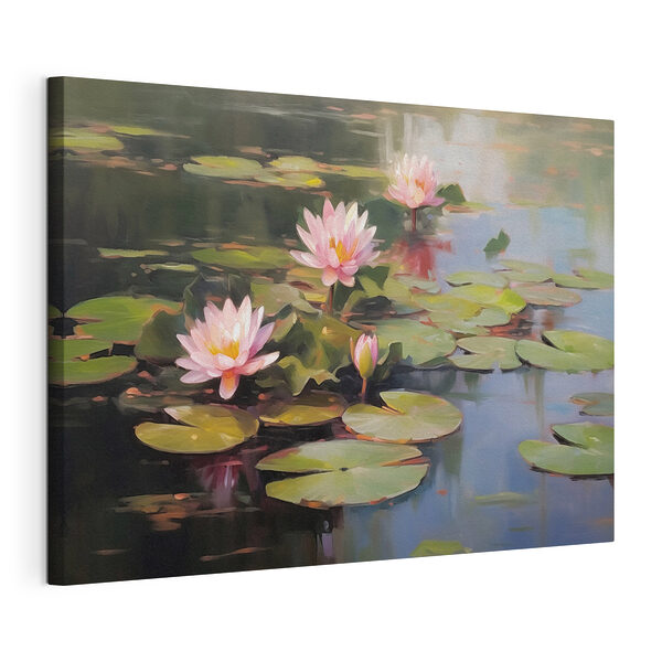 Canvas Schilderijen Groep roze bloemen op lelieblad