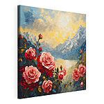 Canvas Schilderijen Schilderij van bloemen en bergen
