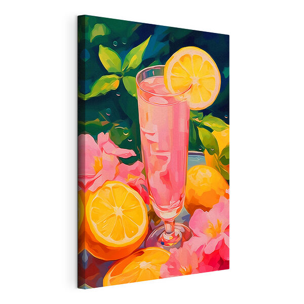 Glas roze vloeistof met citroenen en bloemen Canvas Schilderijen Glas roze vloeistof met citroenen en bloemen