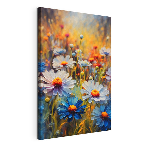 Canvas Schilderijen Heldere bloemen in een levendig veld