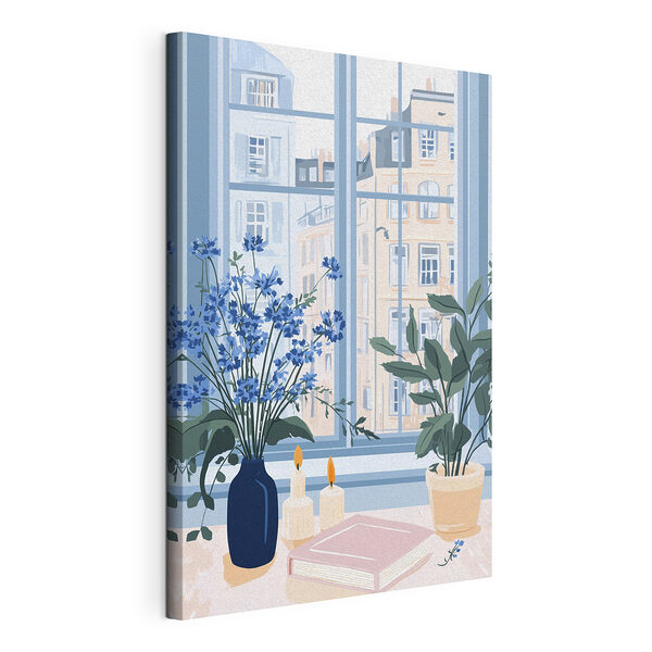 Raam met bloemen en kaarsen Canvas Schilderijen Raam met bloemen en kaarsen
