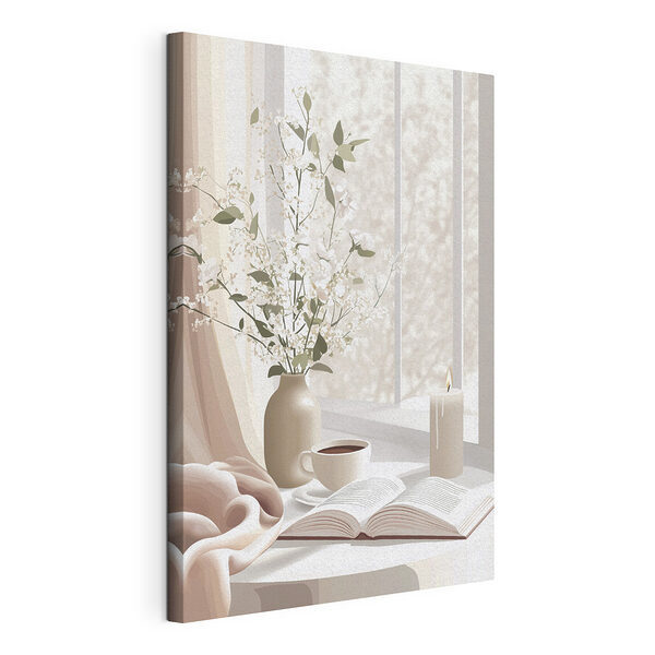 Kopje koffie en een vaas bloemen op de vensterbank Canvas Schilderijen Kopje koffie en een vaas bloemen op de vensterbank