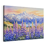Canvas Schilderijen Schilderij van bloemen en bergen