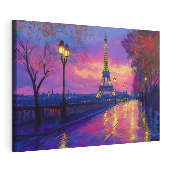Canvas Schilderijen Straat met een verlichte toren in de verte