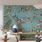 Fotobehang Pauwen en bloemen op blauwe achtergrond