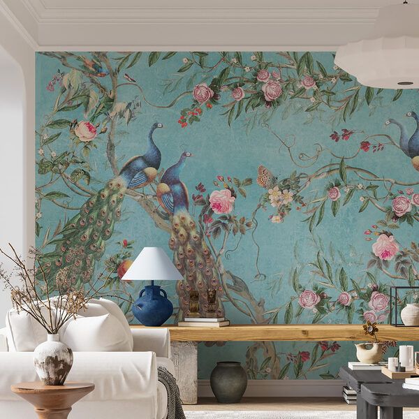 Fotobehang Pauwen en bloemen op blauwe achtergrond