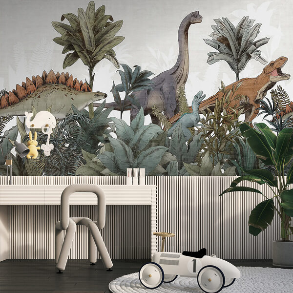 Fotobehang Dinosaurussen die door weelderig gebladerte zwerven