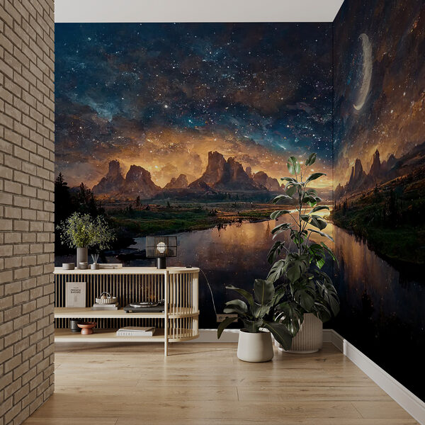 Fotobehang Rivier met een maan aan de hemel