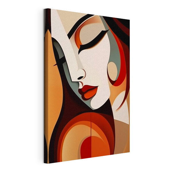 Het gezicht van een vrouw met rode lippen en zwart haar Canvas Schilderijen Het gezicht van een vrouw met rode lippen en zwart haar