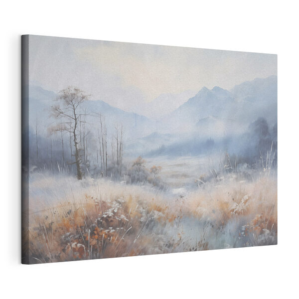 Canvas Schilderijen Landschap met een besneeuwd veld en bergen