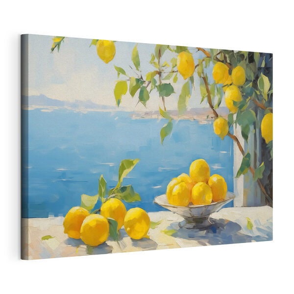 Canvas Schilderijen Een schaal met citroenen op een tafel naast een boom