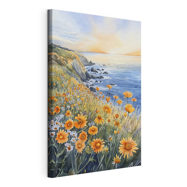Schilderij van bloemen op een klif aan zee Canvas Schilderijen Schilderij van bloemen op een klif aan zee