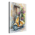 Canvas Schilderijen Gele scooter met een mand vol bloemen achterop